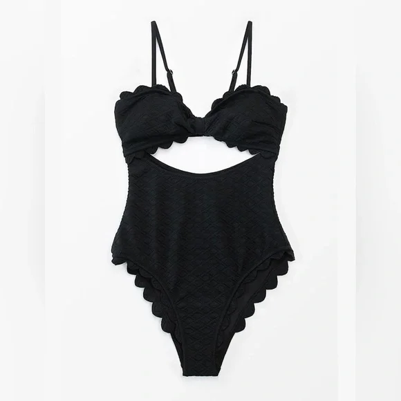 CUPSHE Women's One Piece Swimsuit Sexy Black Cutout Scallop Trim Sz L - Picture 4 of 7